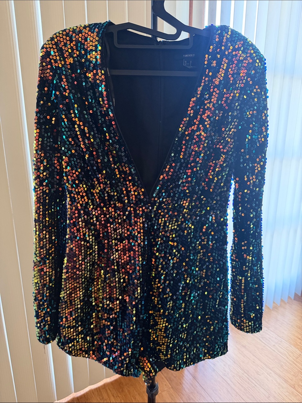 Forever 21 Black Sequin Long-Sleeve Romper with Iridescent Accents